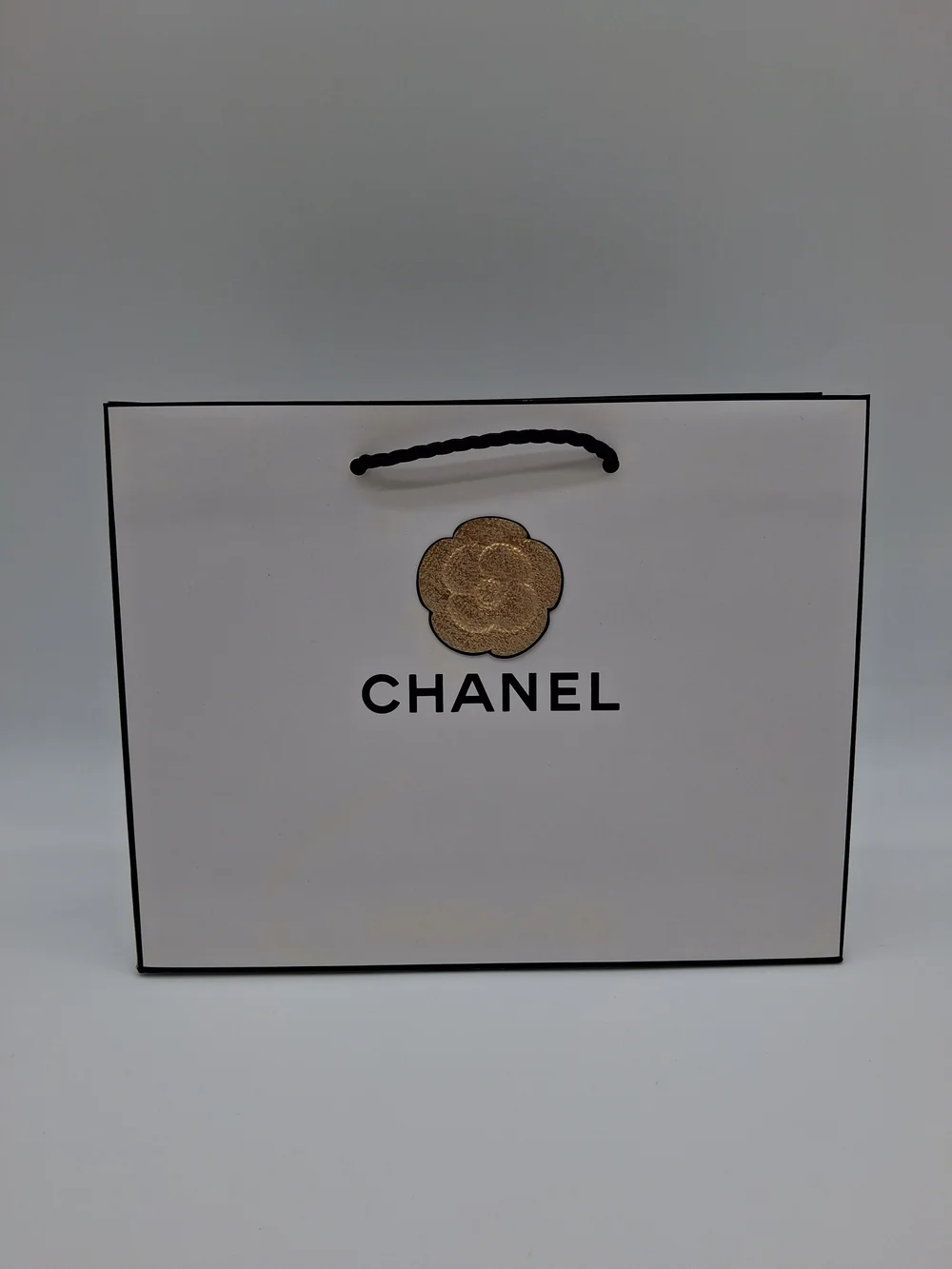 CHANEL Gift Bag Gold Camellia White Black Luxury Boutique Packaging EUC